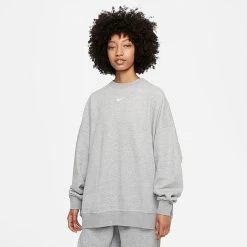 Women's Nike Sportswear Collection Essentials Oversized Fleece Crewneck Sweatshirt Dark Grey Heather/White - DD5632 063