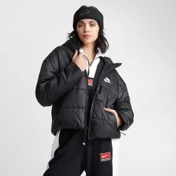 Women's Nike Sportswear Therma-FIT Repel Hooded Classic Puffer Jacket Black/Black/White - DJ6995 010