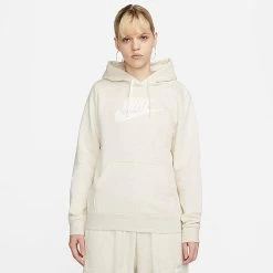 Women's Nike Sportswear Logo Club Fleece Pullover Hoodie Oatmeal Heather/White - DQ5775 141
