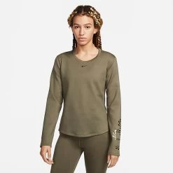 Women's Nike Therma-FIT One Long-Sleeve Graphic T-Shirt Medium Olive/Photon Dust/Black - DQ6178 222