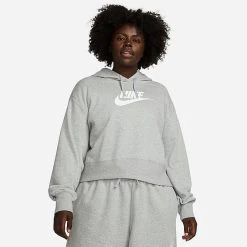 Women's Nike Sportswear Club Fleece Pullover Hoodie (Plus Size) Dark Grey Heather/White - DV5090 063