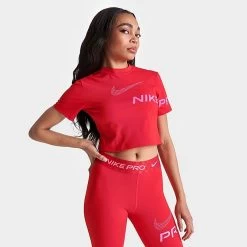 Women's Nike Pro Dri-FIT Graphic Crop Top T-Shirt University Red/Pinksicle - DX0078 657